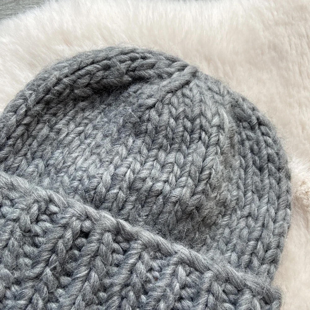 Grey beanie chunky braided knit wide fold over winter hat accessories OSFM